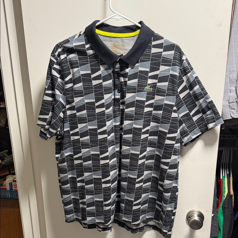 Lacoste Black & Gray Geometric Polo with Green Croc
